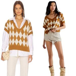 Free People  Oversized Argyle V-Neck Sweater Vest Size S